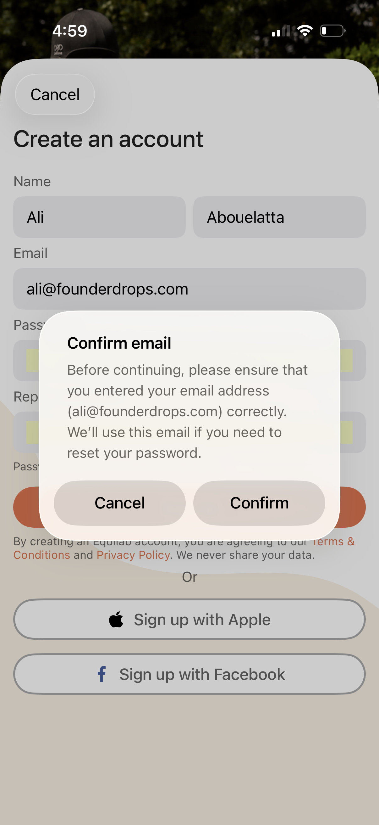 equilab signup screenshot